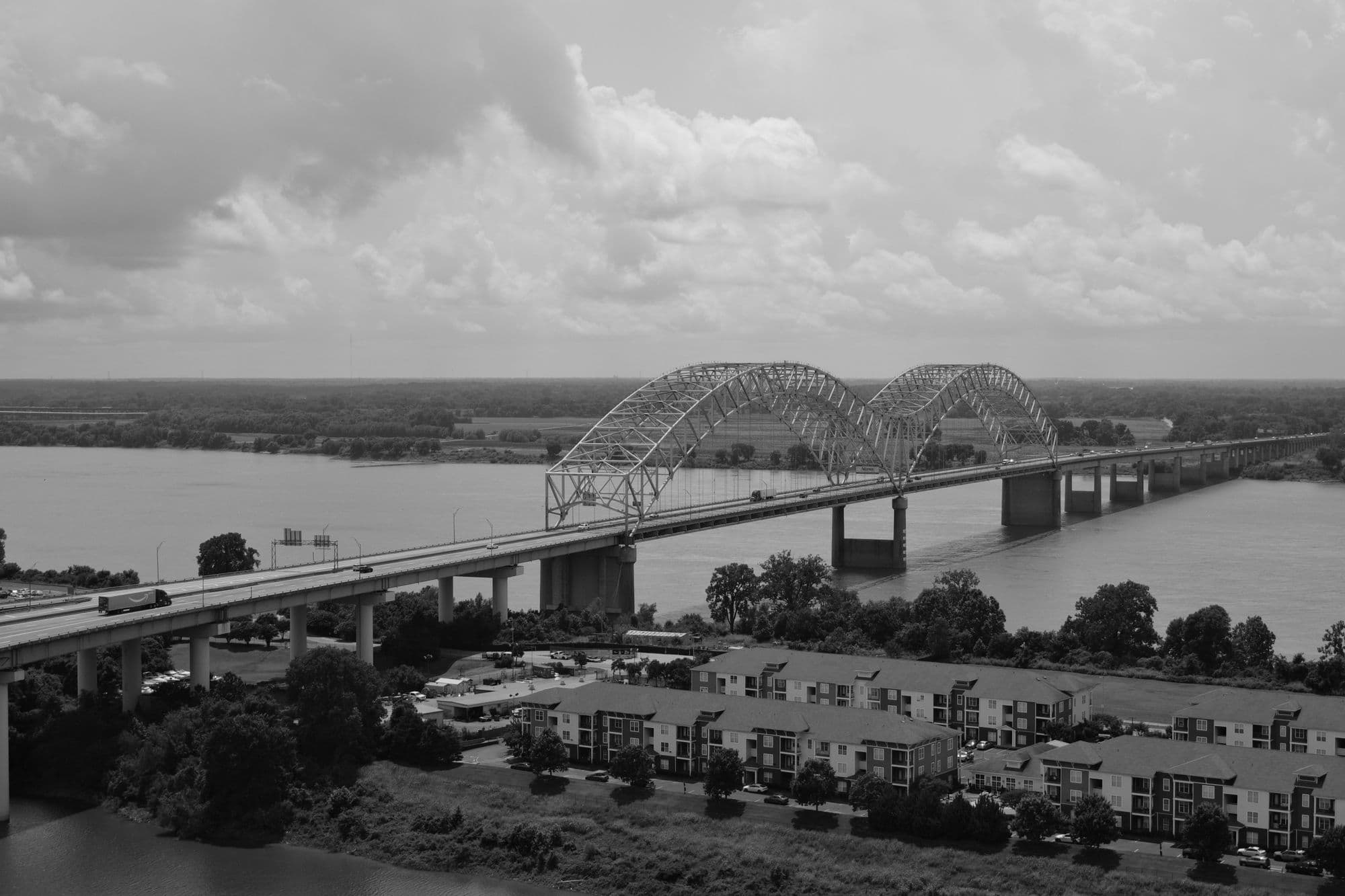 A freight truck crossing the Hernando de Soto bridge into Memphis